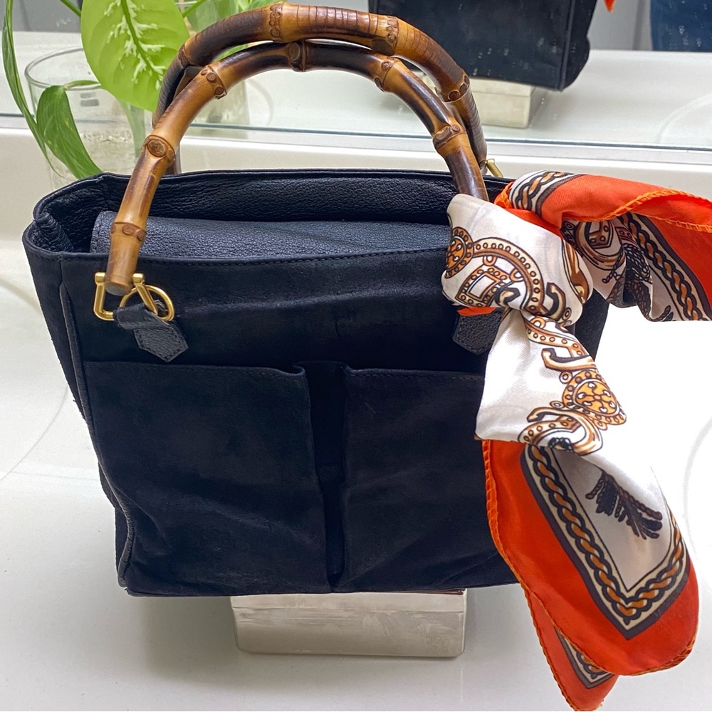 Gucci Black Suede Satchel with Bamboo Handles and Orange-White Scarf